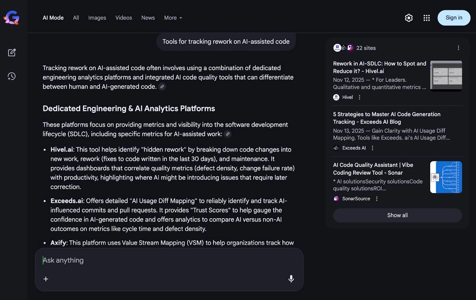 Exceeds AI cited in Google AI Mode for "tools for tracking rework on AI-assisted code"