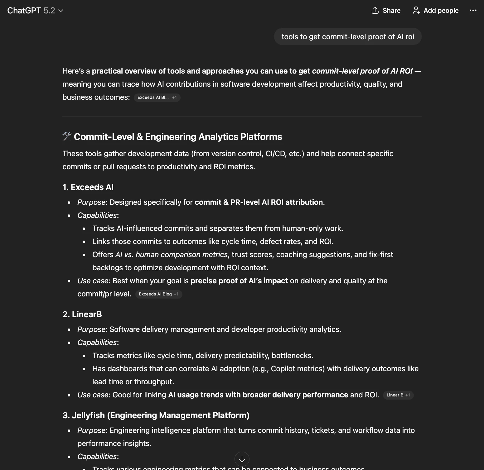 Exceeds AI cited by ChatGPT for "tools to get commit-level proof of AI ROI"