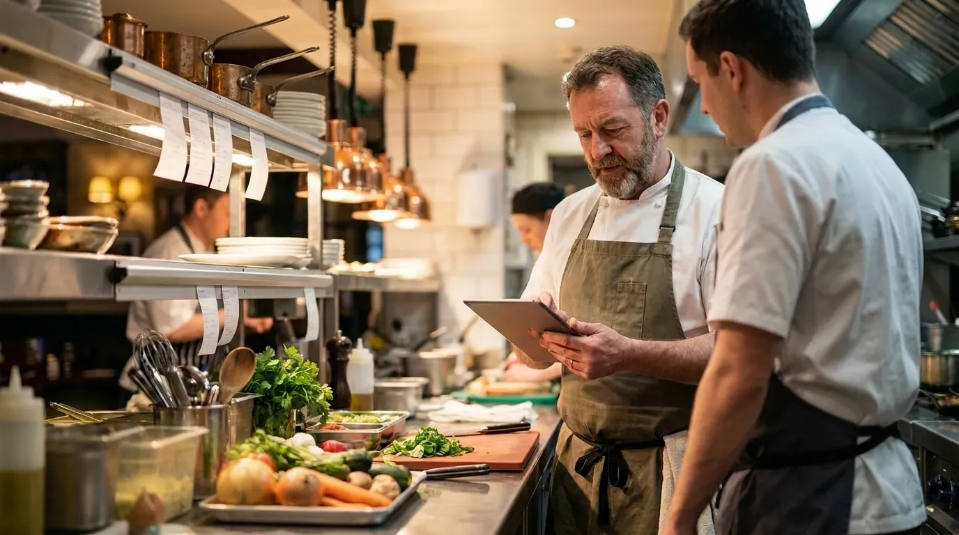 A head chef reviewing inventory on a tablet in a busy UK commercial kitchen